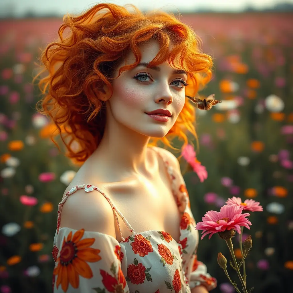 A vibrant woman with a cascade of fiery red curls, freckles, and a bohemian dress with floral patterns, amidst a field of blooming wildflowers at the peak of spring, Highly Detailed, Half Body, Gorgeous, Stunning, Elegant by Stanley Artgerm Lau