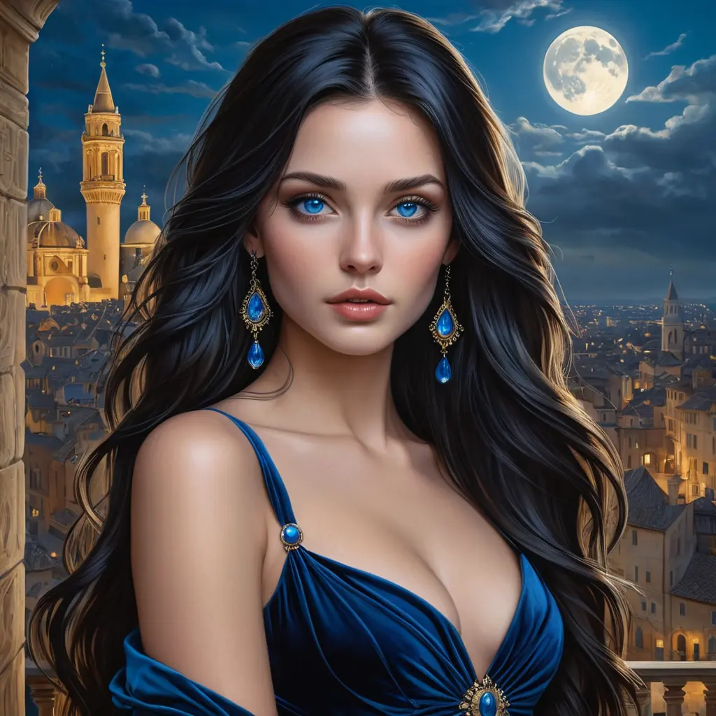 A mysterious woman with long raven hair, piercing blue eyes, and a form-fitting velvet dress, set against a backdrop of a moonlit Renaissance cityscape, Highly Detailed, Half Body, Gorgeous, Stunning, Elegant by Stanley Artgerm Lau