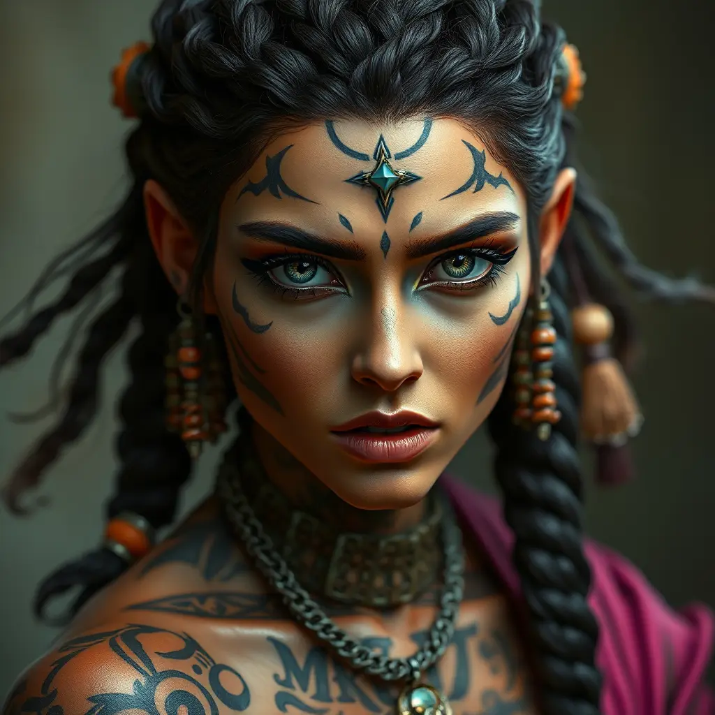 a fierce warrior queen with intricate tattoos and braided hair adorned with beads, her gaze commanding respect, Highly Detailed, Half Body, Gorgeous, Stunning, Elegant by Stanley Artgerm Lau