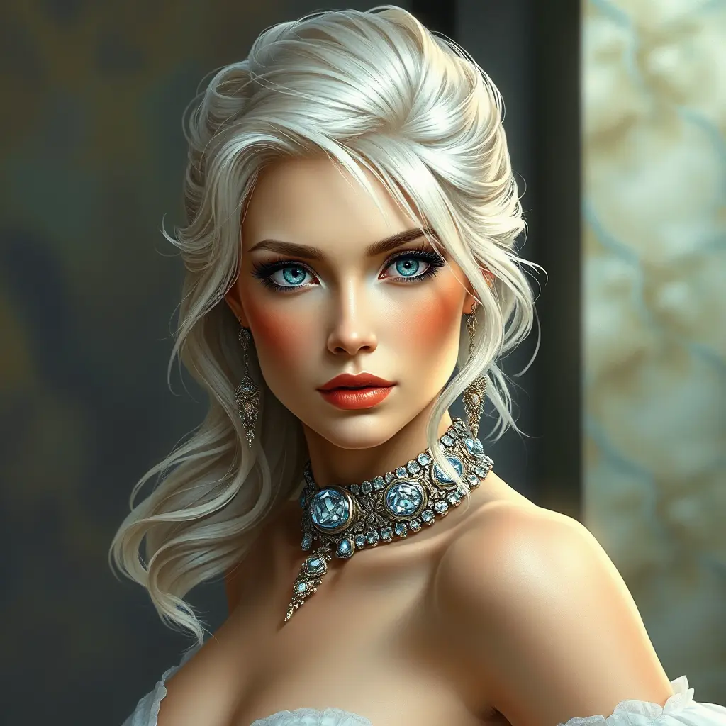 A mesmerizingly beautiful woman with platinum blonde hair, icy blue eyes, and a regal bearing, exuding power and sophistication, Highly Detailed, Half Body, Gorgeous, Stunning, Elegant by Stanley Artgerm Lau