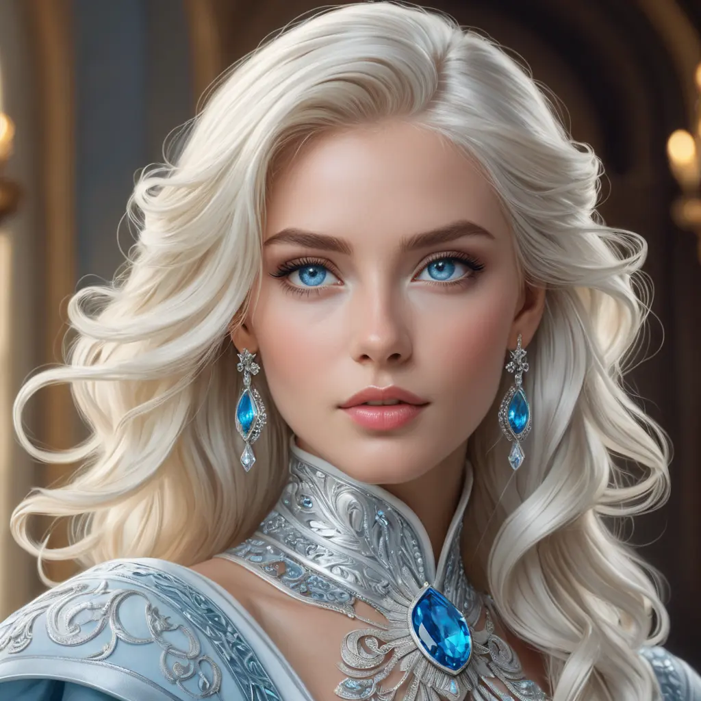 A mesmerizingly beautiful woman with platinum blonde hair, icy blue eyes, and a regal bearing, exuding power and sophistication, Highly Detailed, Half Body, Gorgeous, Stunning, Elegant by Stanley Artgerm Lau