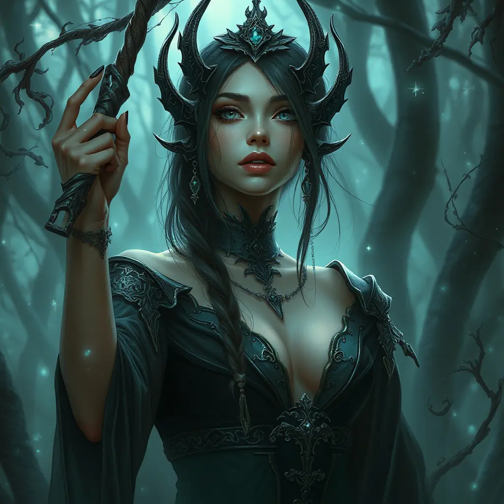 A mystical and enigmatic sorceress with eyes that shimmer like starlight, amidst a dreamlike, mist-shrouded forest, Highly Detailed, Half Body, Gorgeous, Stunning, Elegant by Stanley Artgerm Lau