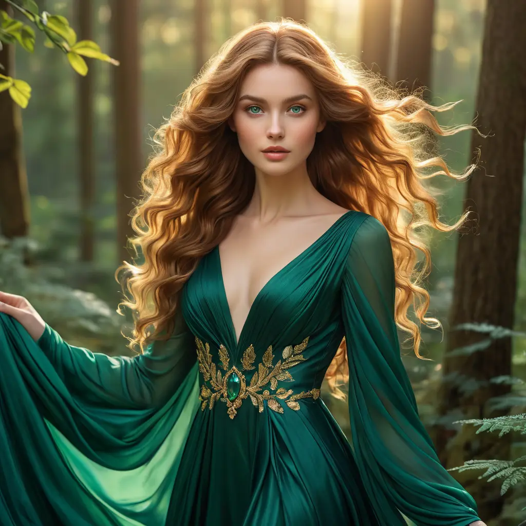 A radiant woman with flowing sun-kissed hair, emerald eyes, and a flowing silk gown, reminiscent of a Pre-Raphaelite masterpiece, in a serene forest at golden hour, Highly Detailed, Half Body, Gorgeous, Stunning, Elegant by Stanley Artgerm Lau