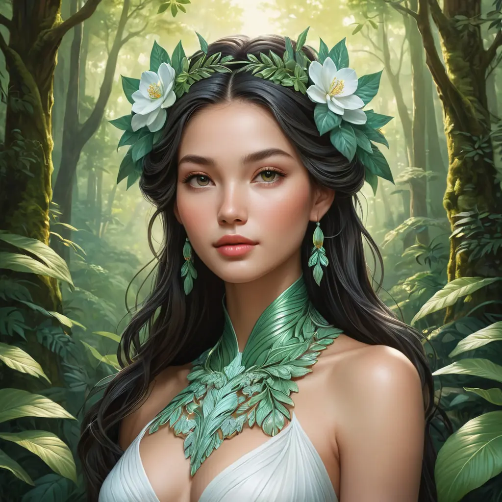 A serene goddess of nature, immersed in a lush, blooming forest, Highly Detailed, Half Body, Gorgeous, Stunning, Elegant by Stanley Artgerm Lau