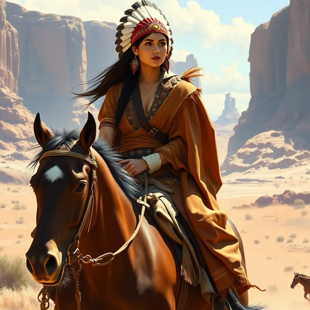 A regal Native American woman riding horseback through Monument Valley, Highly Detailed, Half Body, Gorgeous, Stunning, Elegant by Stanley Artgerm Lau