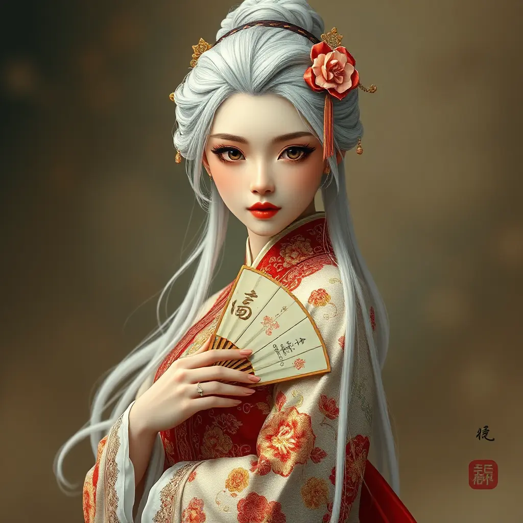 An ancient beauty with snowy white hair, dressed in an intricately embroidered traditional Chinese qipao, holding a jade fan while looking towards the viewer, Highly Detailed, Half Body, Gorgeous, Stunning, Elegant by Stanley Artgerm Lau