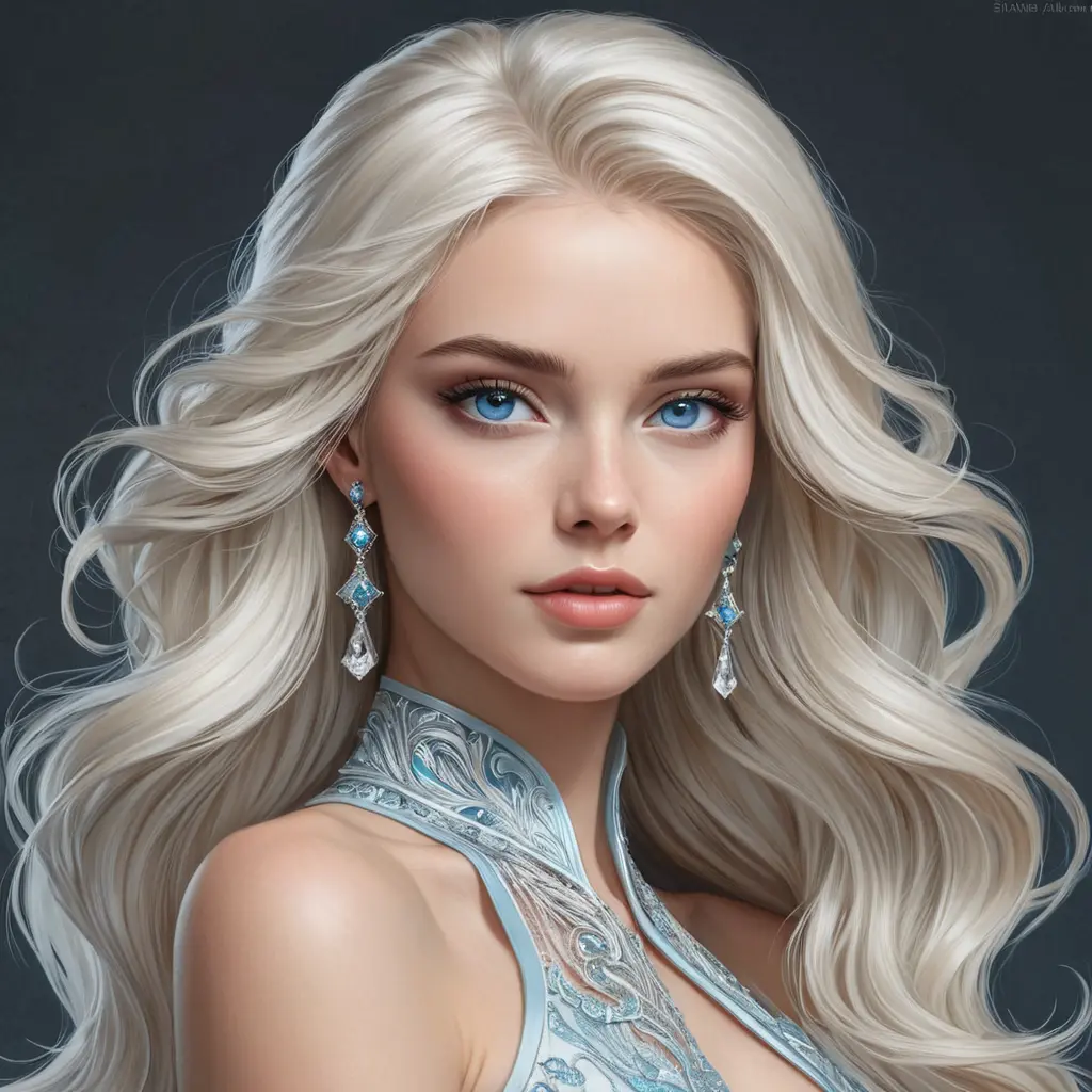 A mesmerizingly beautiful woman with platinum blonde hair, icy blue eyes, and a regal bearing, exuding power and sophistication, Highly Detailed, Half Body, Gorgeous, Stunning, Elegant by Stanley Artgerm Lau