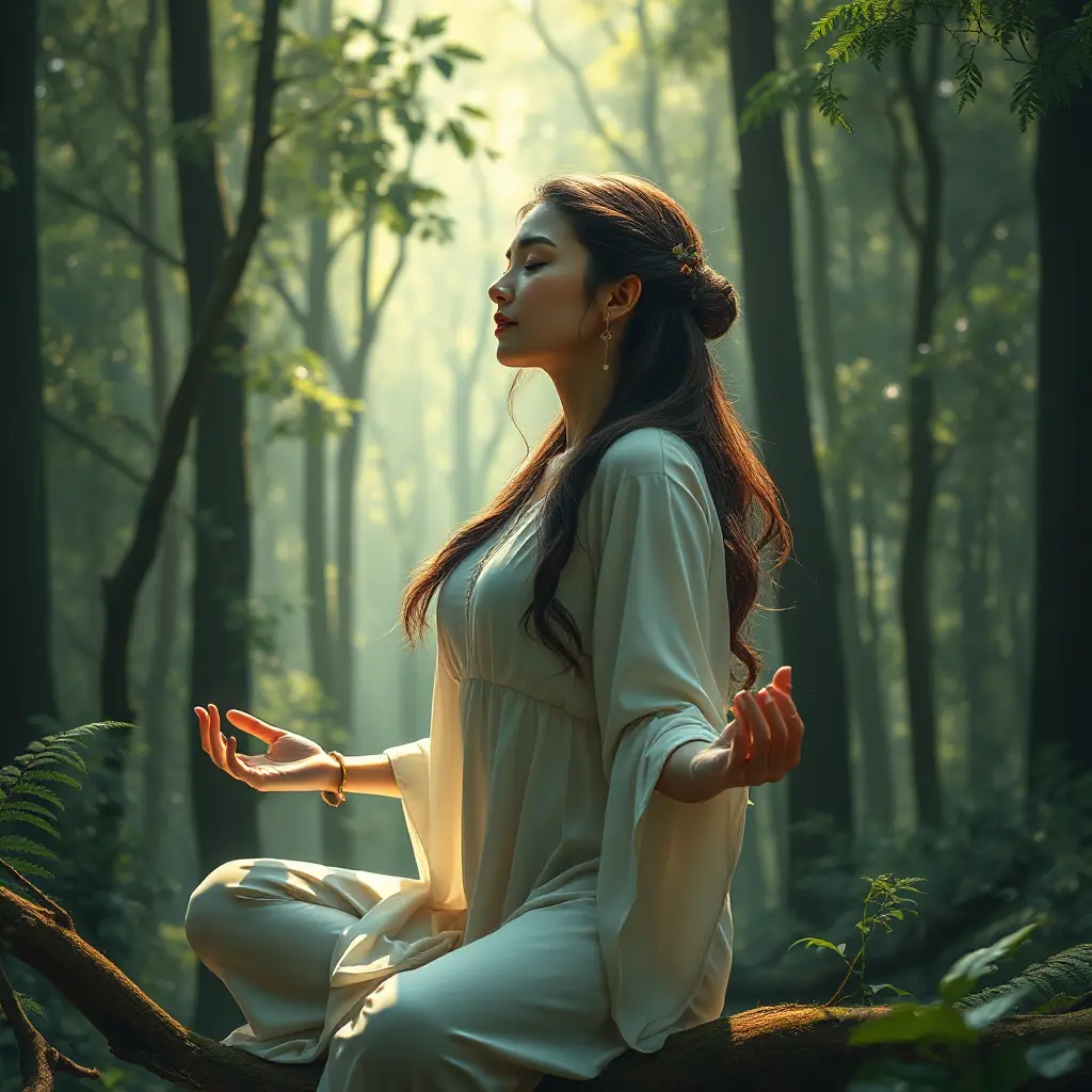 a serene woman meditating in a peaceful forest, Highly Detailed, Half Body, Gorgeous, Stunning, Elegant by Stanley Artgerm Lau