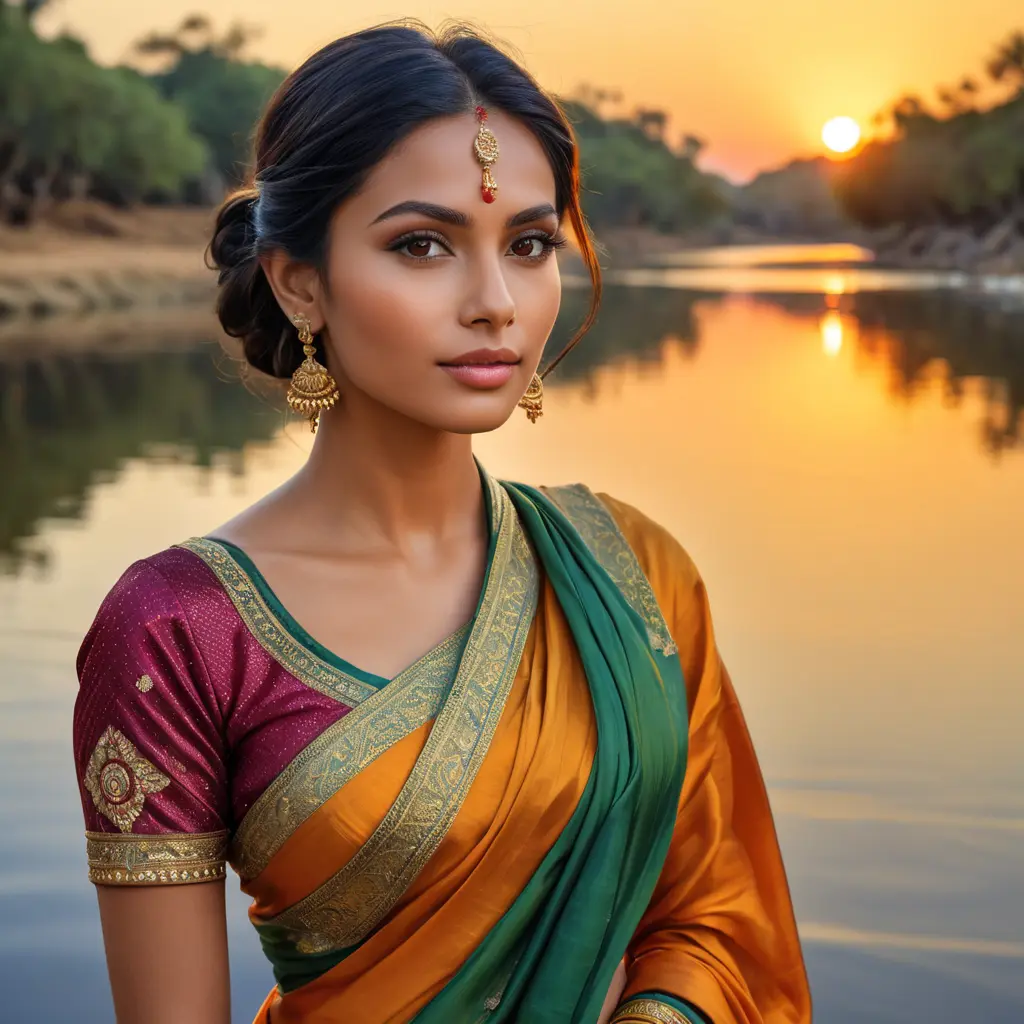 A gorgeous woman with glowing olive skin, wearing a traditional silk sari, standing by a river at sunset, the sky ablaze with colors, the water reflecting the vibrant hues, serene expression, richly detailed, Highly Detailed, Half Body, Gorgeous, Stunning, Elegant by Stanley Artgerm Lau