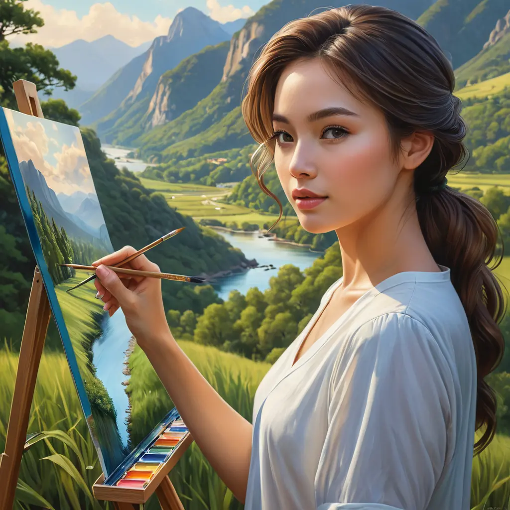 a creative woman painting a beautiful landscape, Highly Detailed, Half Body, Gorgeous, Stunning, Elegant by Stanley Artgerm Lau