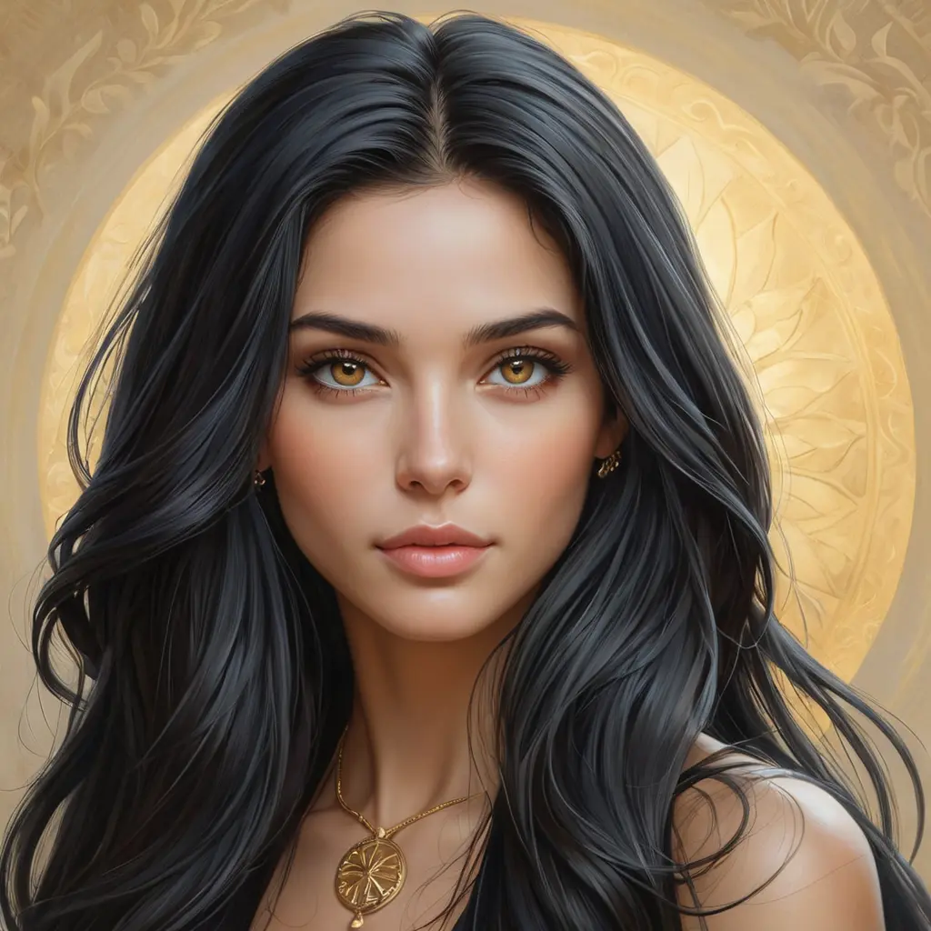 A divinely beautiful woman with long, black hair, piercing amber eyes, and a serene expression, radiating peace and tranquility, Highly Detailed, Half Body, Gorgeous, Stunning, Elegant by Stanley Artgerm Lau