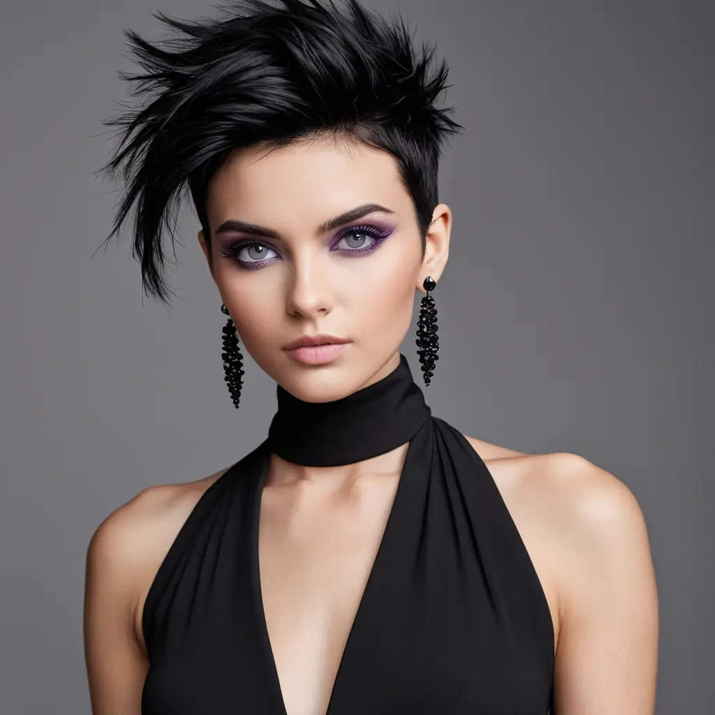 A chic woman with short, spiky black hair and piercing purple eyes, wearing a sleek black jumpsuit and statement earrings, Highly Detailed, Half Body, Gorgeous, Stunning, Elegant