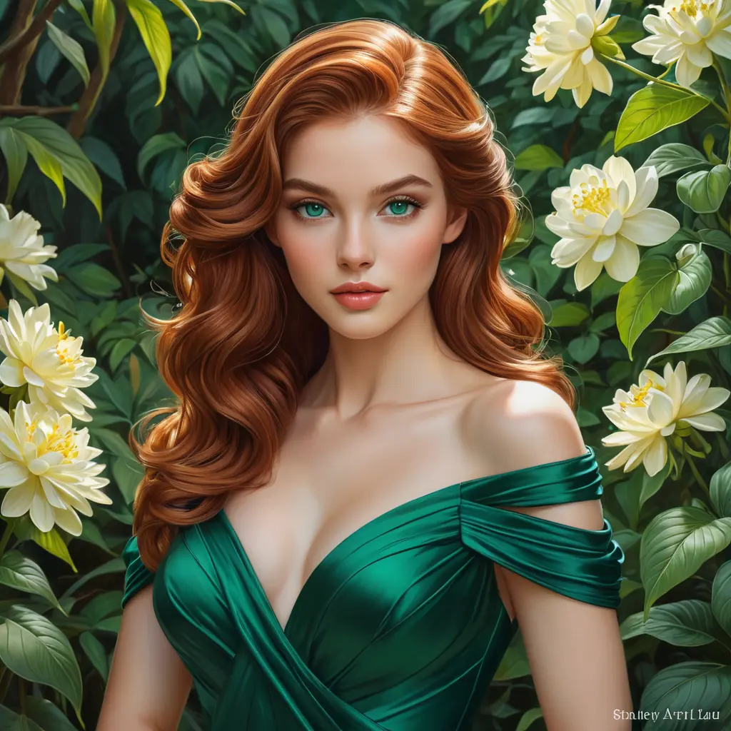 A graceful lady with striking emerald eyes and auburn tresses, elegantly poised in a lush, blooming garden, Highly Detailed, Half Body, Gorgeous, Stunning, Elegant by Stanley Artgerm Lau