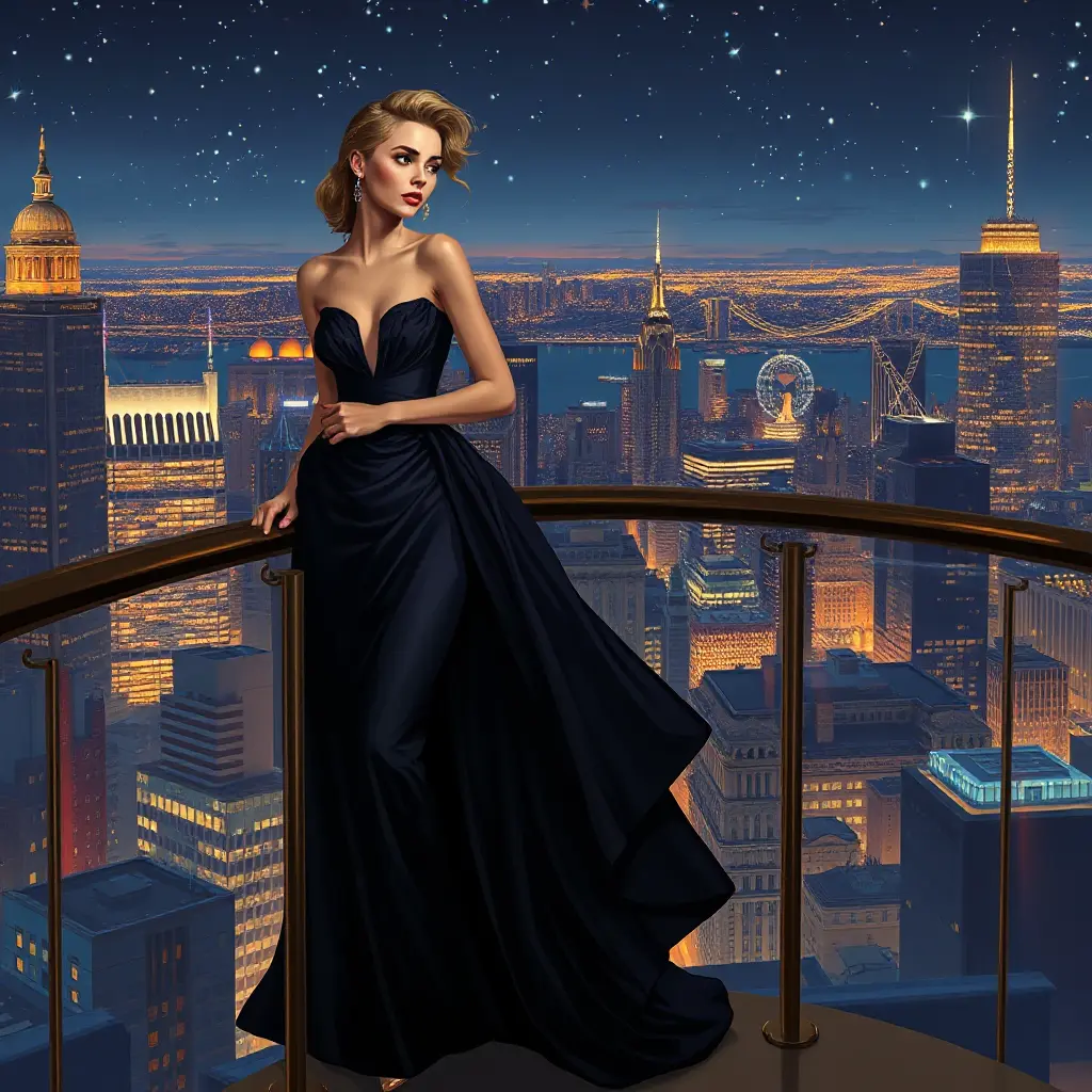 A sophisticated woman in a luxurious, flowing gown, standing on a balcony overlooking a grand cityscape at night, her expression thoughtful, city lights twinkling like stars behind her., Highly Detailed, Half Body, Gorgeous, Stunning, Elegant by Stanley Artgerm Lau