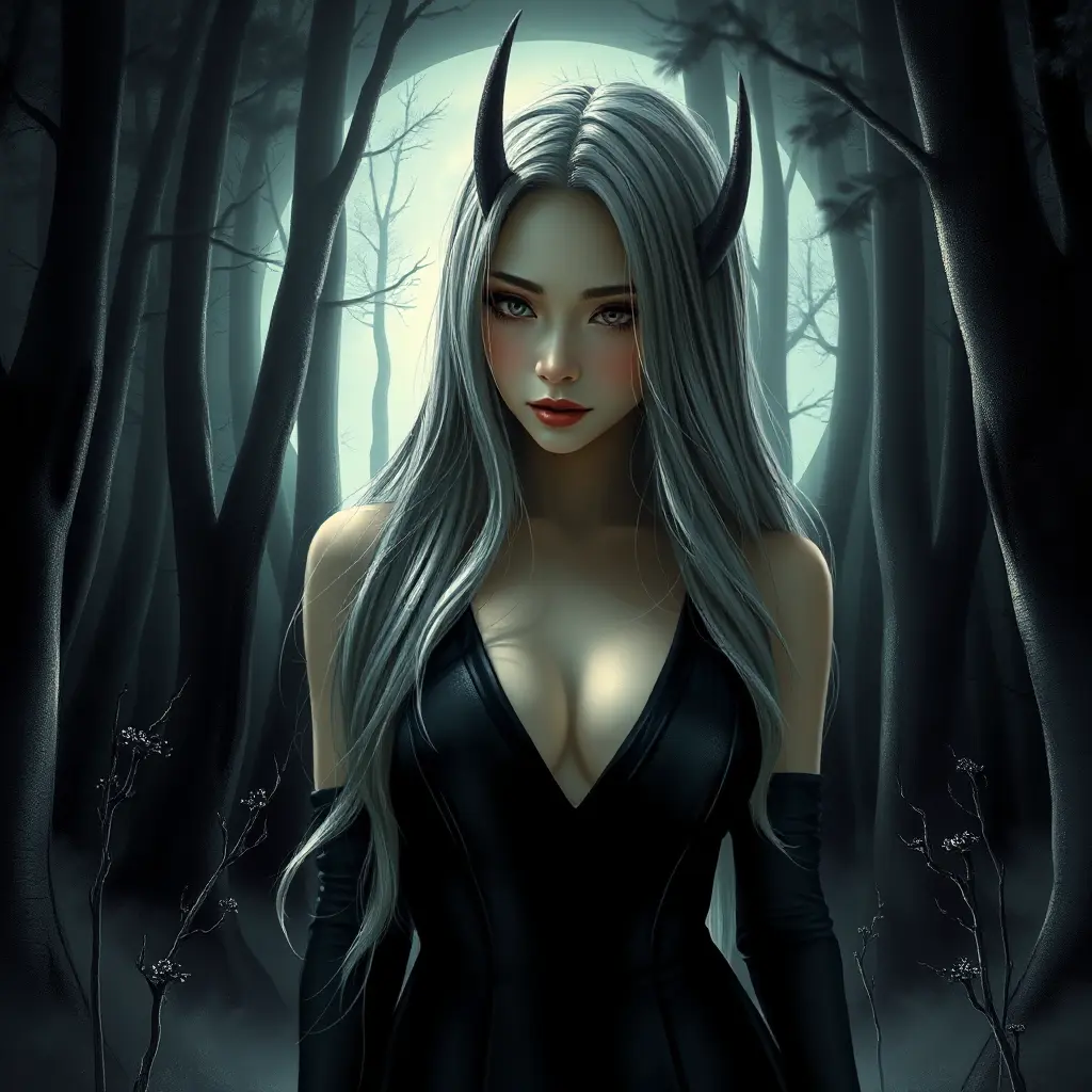 A mysterious woman with long silver hair, dressed in a sleek black gown, standing in a moonlit forest, shadows casting over her face, a mystical aura surrounding her, dramatic lighting, high contrast, Highly Detailed, Half Body, Gorgeous, Stunning, Elegant by Stanley Artgerm Lau