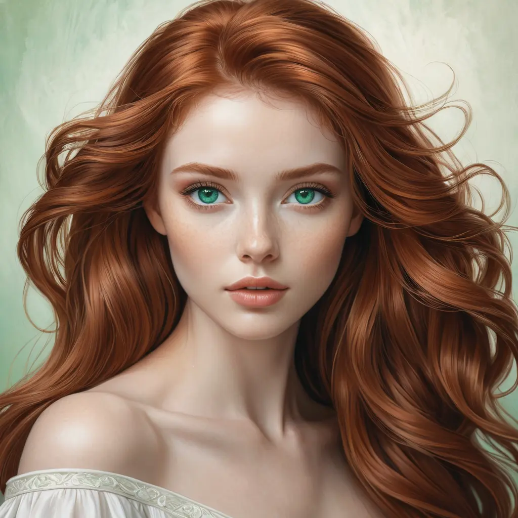 A breathtakingly beautiful woman with flowing auburn hair, emerald eyes, and a delicate porcelain complexion, ethereal and otherworldly, Highly Detailed, Half Body, Gorgeous, Stunning, Elegant by Stanley Artgerm Lau