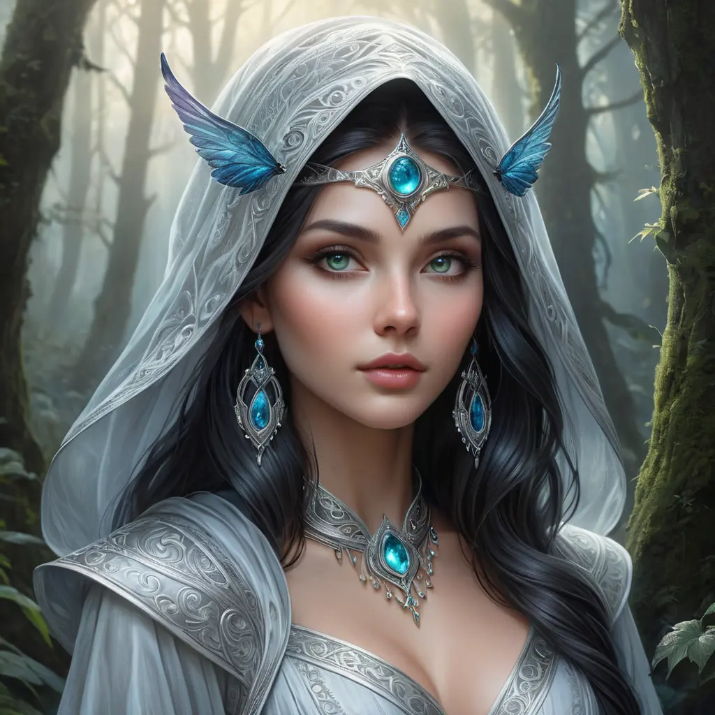 A mystical and enigmatic sorceress with eyes that shimmer like starlight, amidst a dreamlike, mist-shrouded forest, Highly Detailed, Half Body, Gorgeous, Stunning, Elegant by Stanley Artgerm Lau