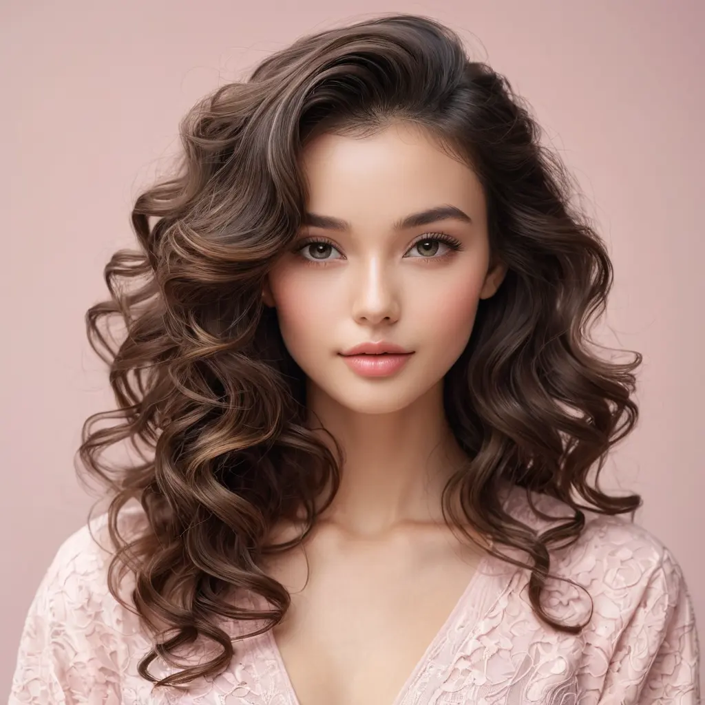 An elegant brunette with soft curls framing her face, dressed in a pastel pink丝绸衫搭配白色短裤，优雅地坐在一把藤椅上，手中拿着一本书, Highly Detailed, Half Body, Gorgeous, Stunning, Elegant by Stanley Artgerm Lau