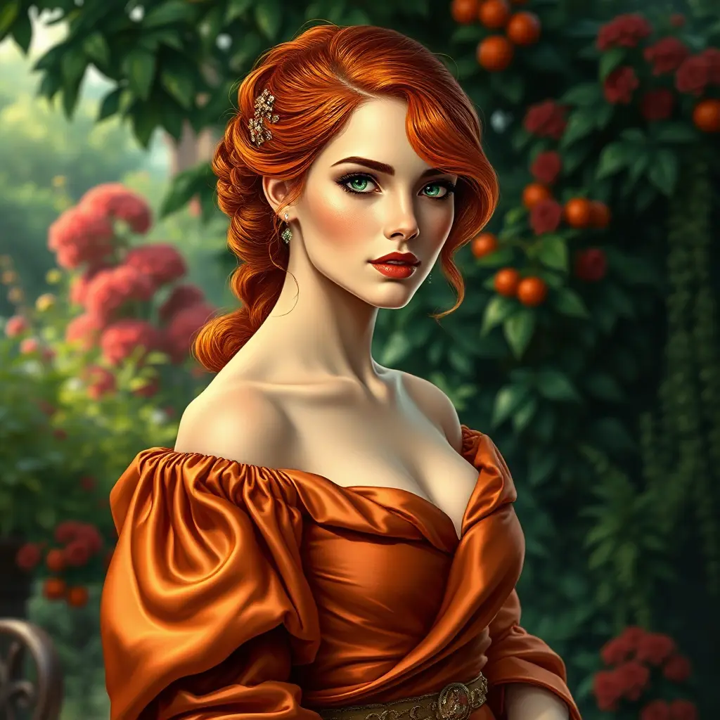 A vibrant Renaissance-style portrait of a woman with fiery red hair and emerald green eyes, wearing an elegant silk gown, set against a lush garden backdrop., Highly Detailed, Half Body, Gorgeous, Stunning, Elegant by Stanley Artgerm Lau