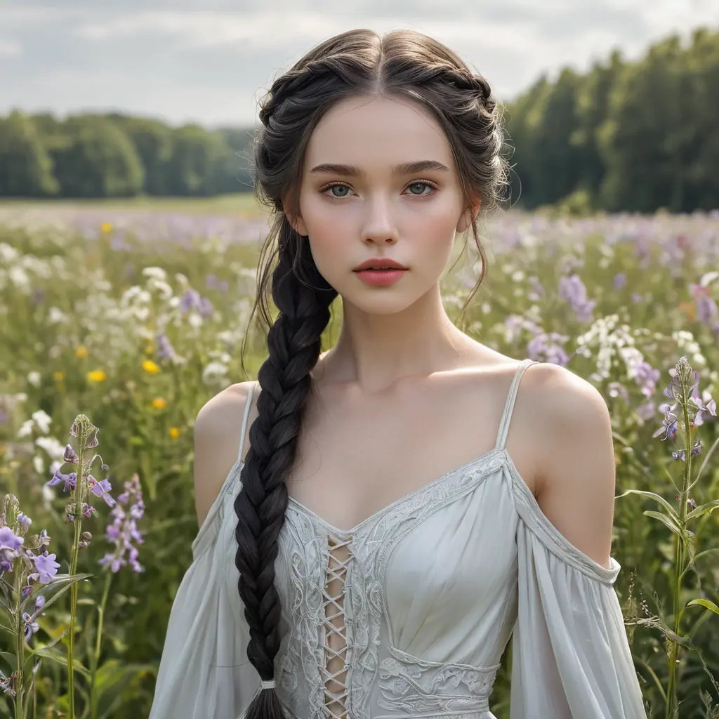 an ethereal beauty with porcelain skin and long, dark braids, standing amidst a field of wildflowers, Highly Detailed, Half Body, Gorgeous, Stunning, Elegant by Stanley Artgerm Lau