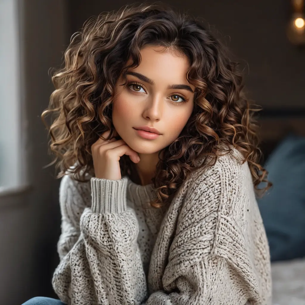 A gorgeous woman with curly dark brown hair and warm hazel eyes, wearing a cozy sweater and distressed denim, Highly Detailed, Half Body, Gorgeous, Stunning, Elegant