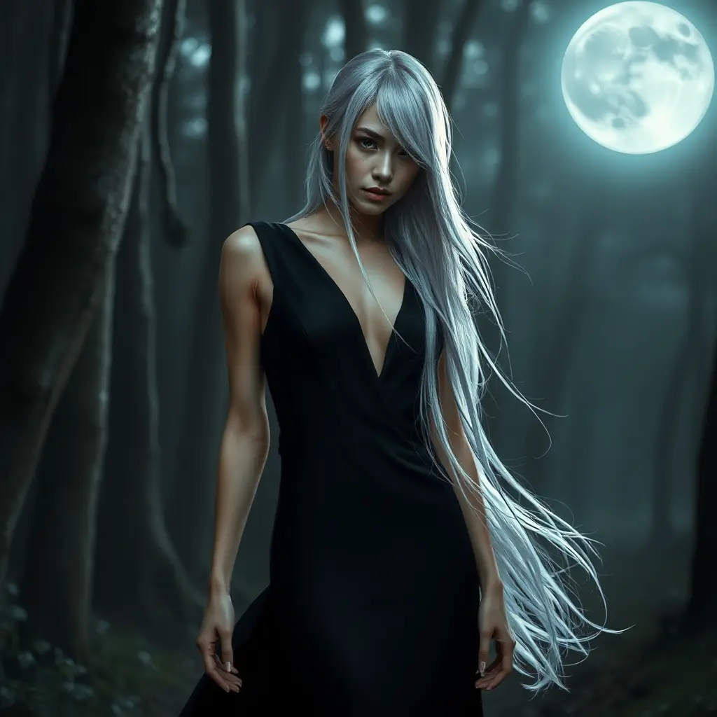 A mysterious woman with long silver hair, dressed in a sleek black gown, standing in a moonlit forest, shadows casting over her face, a mystical aura surrounding her, dramatic lighting, high contrast, Highly Detailed, Half Body, Gorgeous, Stunning, Elegant by Stanley Artgerm Lau