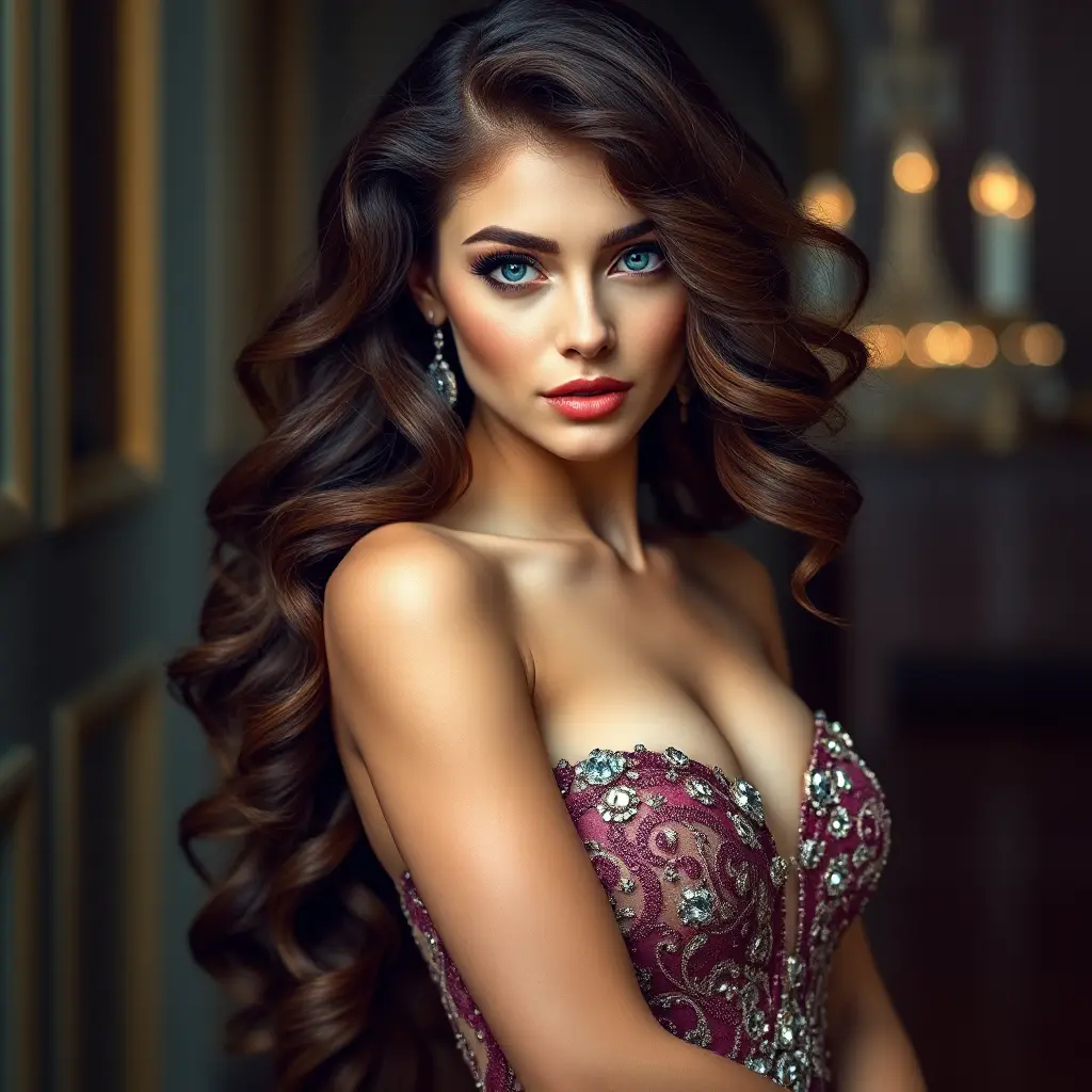 A stunning woman with piercing blue eyes and long, curly brown hair, posing in a elegant evening gown, Highly Detailed, Half Body, Gorgeous, Stunning, Elegant