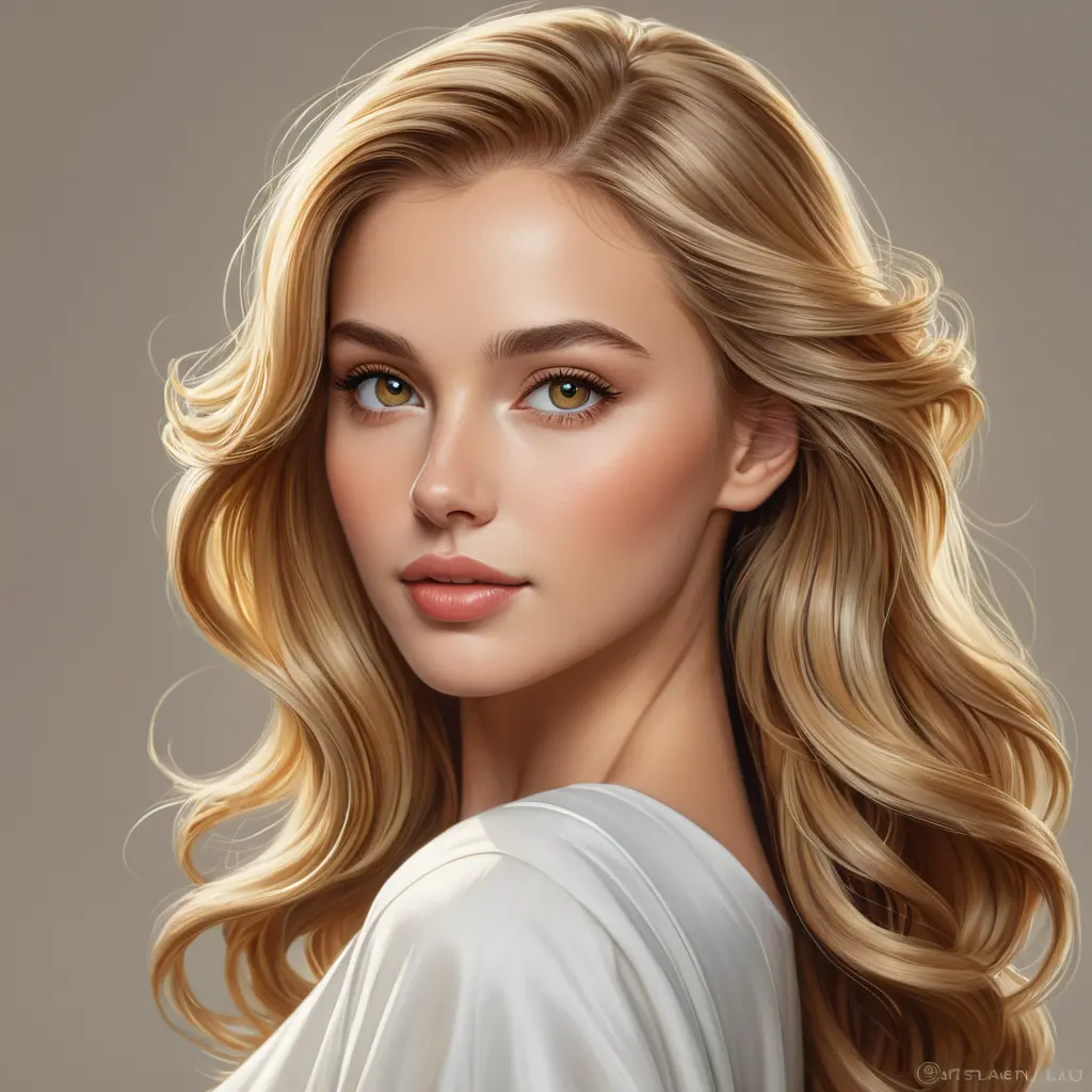 A classically beautiful woman with golden blonde hair, sparkling hazel eyes, and a timeless grace, embodying perfection and beauty, Highly Detailed, Half Body, Gorgeous, Stunning, Elegant by Stanley Artgerm Lau