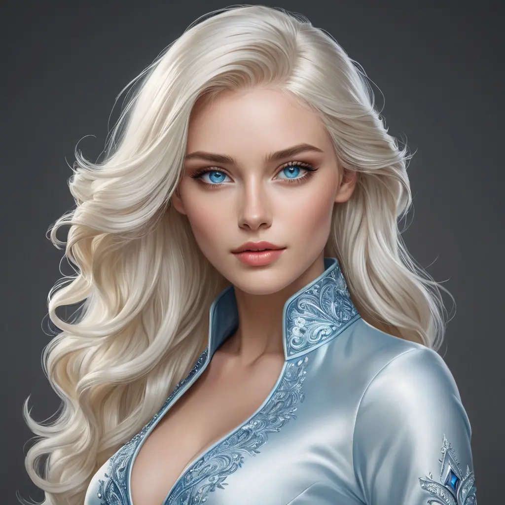 A mesmerizingly beautiful woman with platinum blonde hair, icy blue eyes, and a regal bearing, exuding power and sophistication, Highly Detailed, Half Body, Gorgeous, Stunning, Elegant by Stanley Artgerm Lau