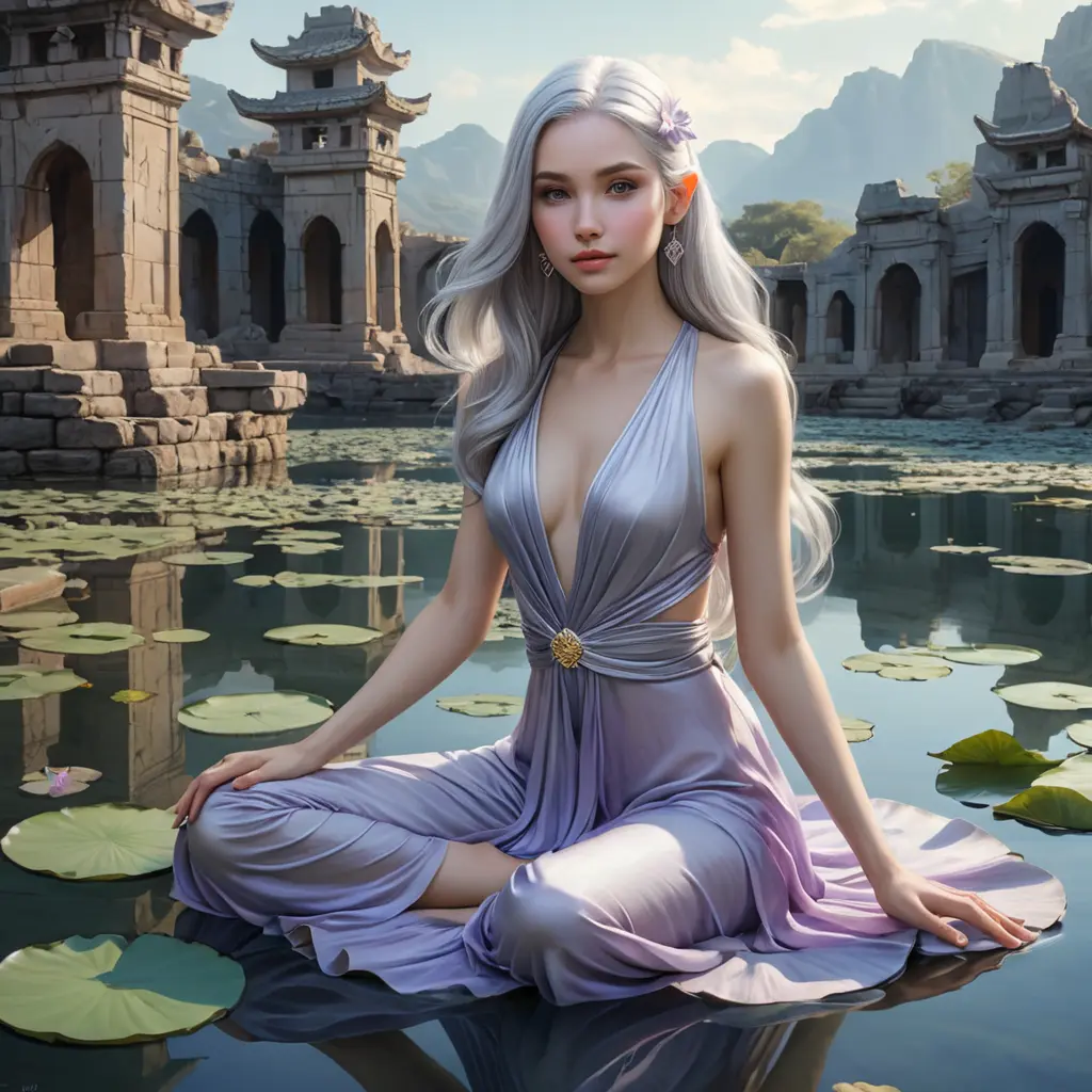 A serene depiction of a woman with pale lavender skin and flowing silver hair, sitting lotus-positioned atop a tranquil lotus flower in an otherworldly, bioluminescent pond, surrounded by ancient stone ruins., Highly Detailed, Half Body, Gorgeous, Stunning, Elegant by Stanley Artgerm Lau