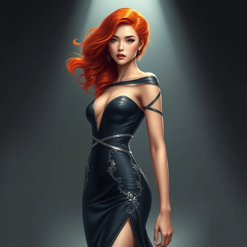 A captivating woman with fiery red hair, wearing a sleek black gown with silver accents, standing confidently under a dramatic spotlight, Highly Detailed, Half Body, Gorgeous, Stunning, Elegant by Stanley Artgerm Lau