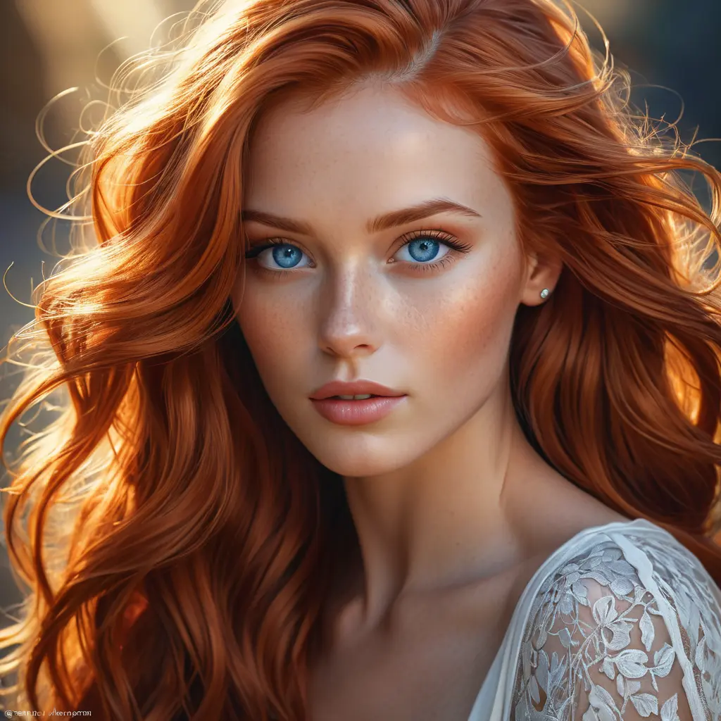 a stunningly beautiful woman with flowing red hair and piercing blue eyes, illuminated by warm sunlight, Highly Detailed, Half Body, Gorgeous, Stunning, Elegant by Stanley Artgerm Lau