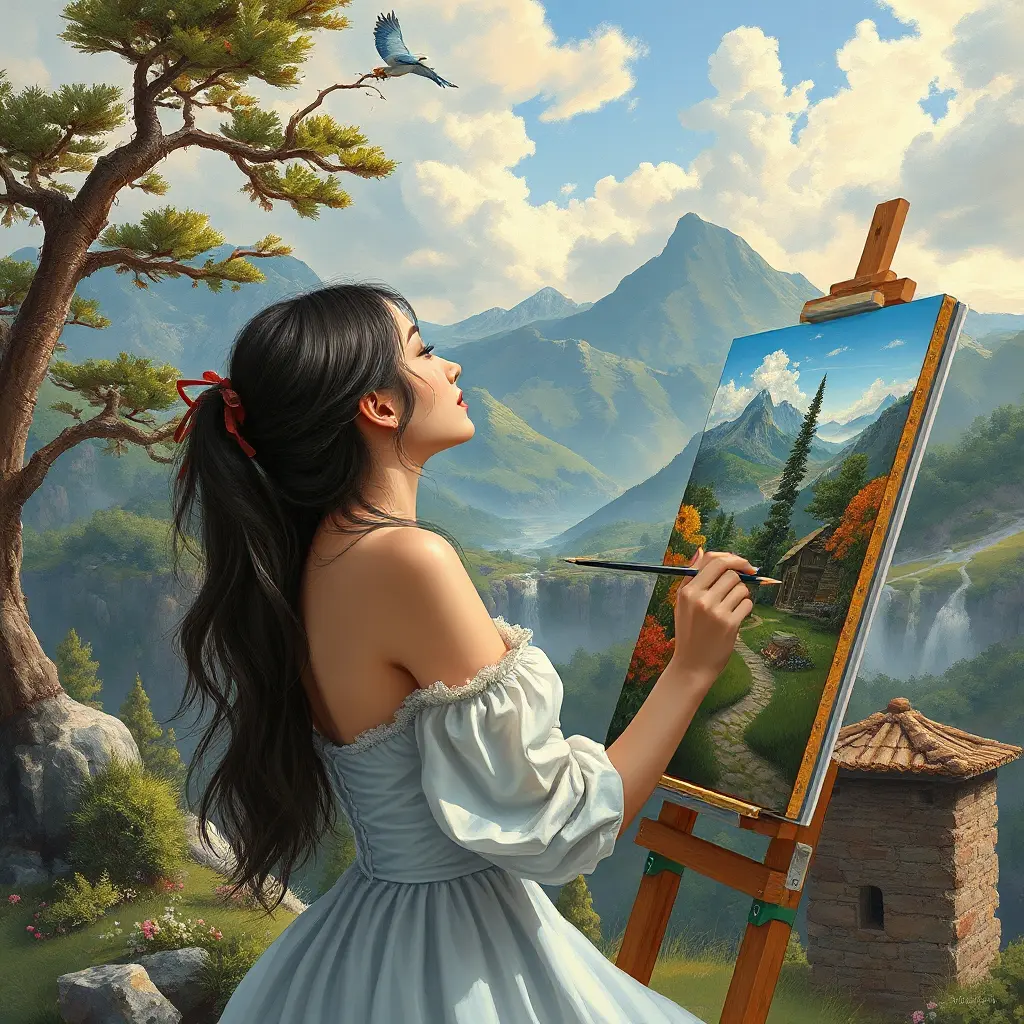 a creative woman painting a beautiful landscape, Highly Detailed, Half Body, Gorgeous, Stunning, Elegant by Stanley Artgerm Lau