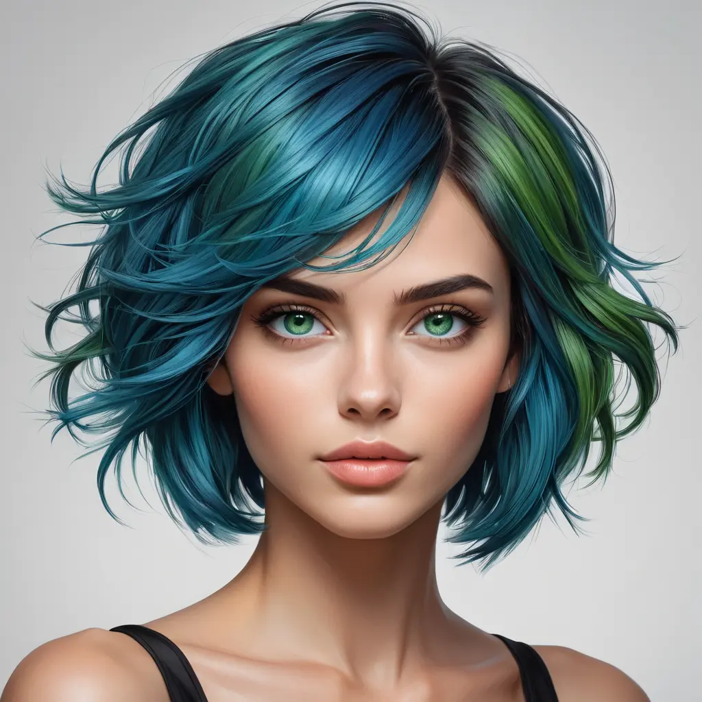 A uniquely beautiful woman with short, choppy blue hair, vibrant green eyes, and a bold, unconventional style, radiating individuality and confidence, Highly Detailed, Half Body, Gorgeous, Stunning, Elegant by Stanley Artgerm Lau