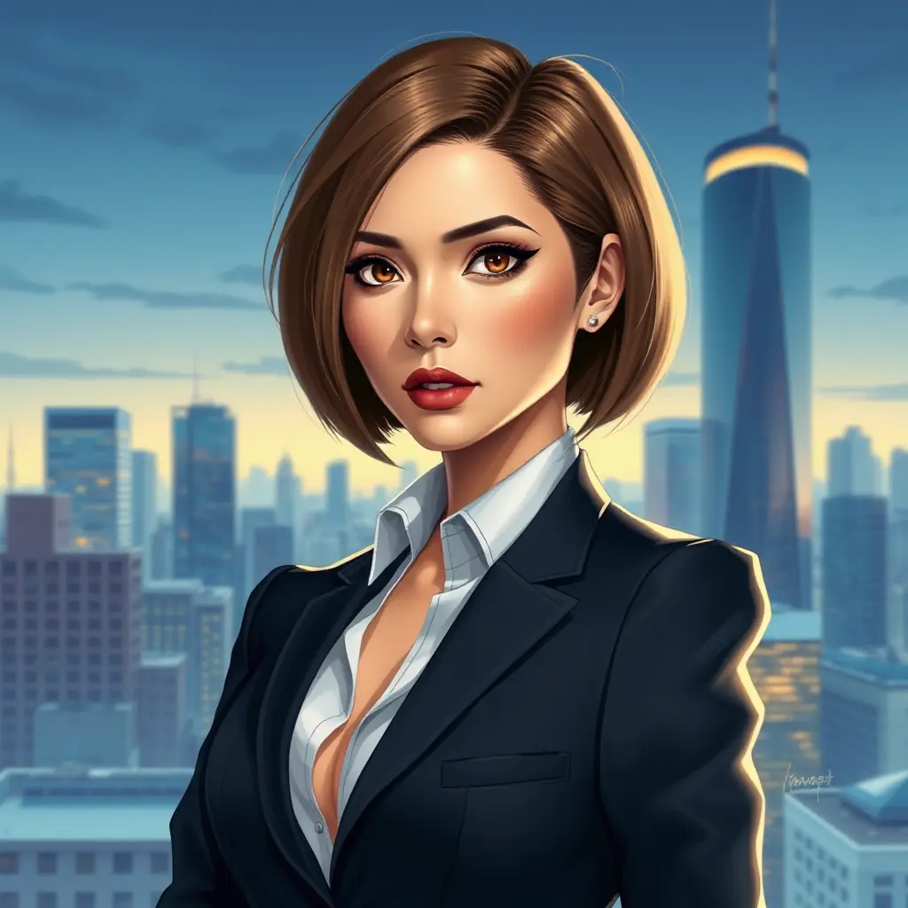 A confident woman with a sleek bob haircut, sharp features, and a tailored power suit, commanding attention in a modern metropolis skyline during the blue hour, Highly Detailed, Half Body, Gorgeous, Stunning, Elegant by Stanley Artgerm Lau