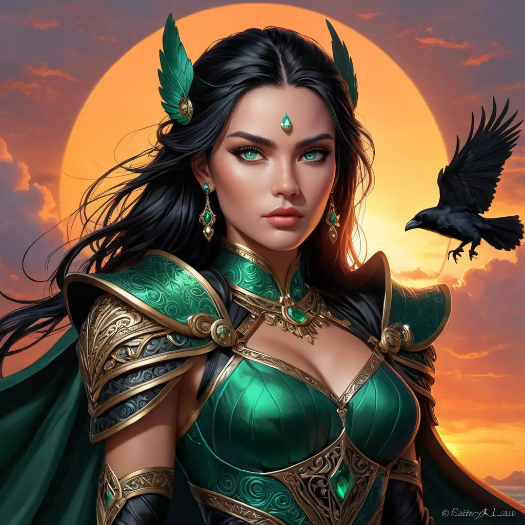 A strong and regal warrior queen with piercing emerald eyes and raven-black hair, set against a fiery sunset, Highly Detailed, Half Body, Gorgeous, Stunning, Elegant by Stanley Artgerm Lau