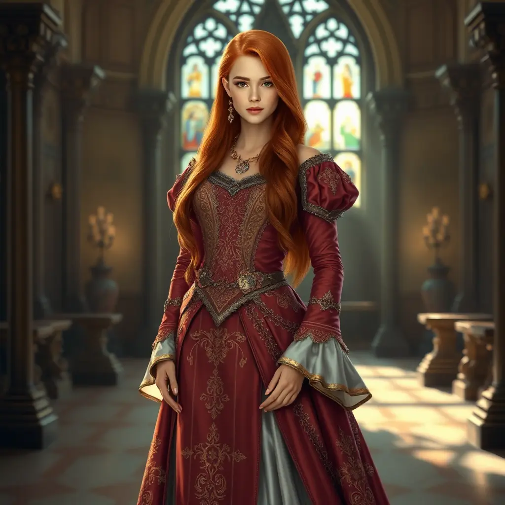 A stunning woman with long red hair, wearing an intricately detailed medieval gown, standing in a grand castle hall, the light streaming through stained glass windows, regal and majestic, Highly Detailed, Half Body, Gorgeous, Stunning, Elegant by Stanley Artgerm Lau