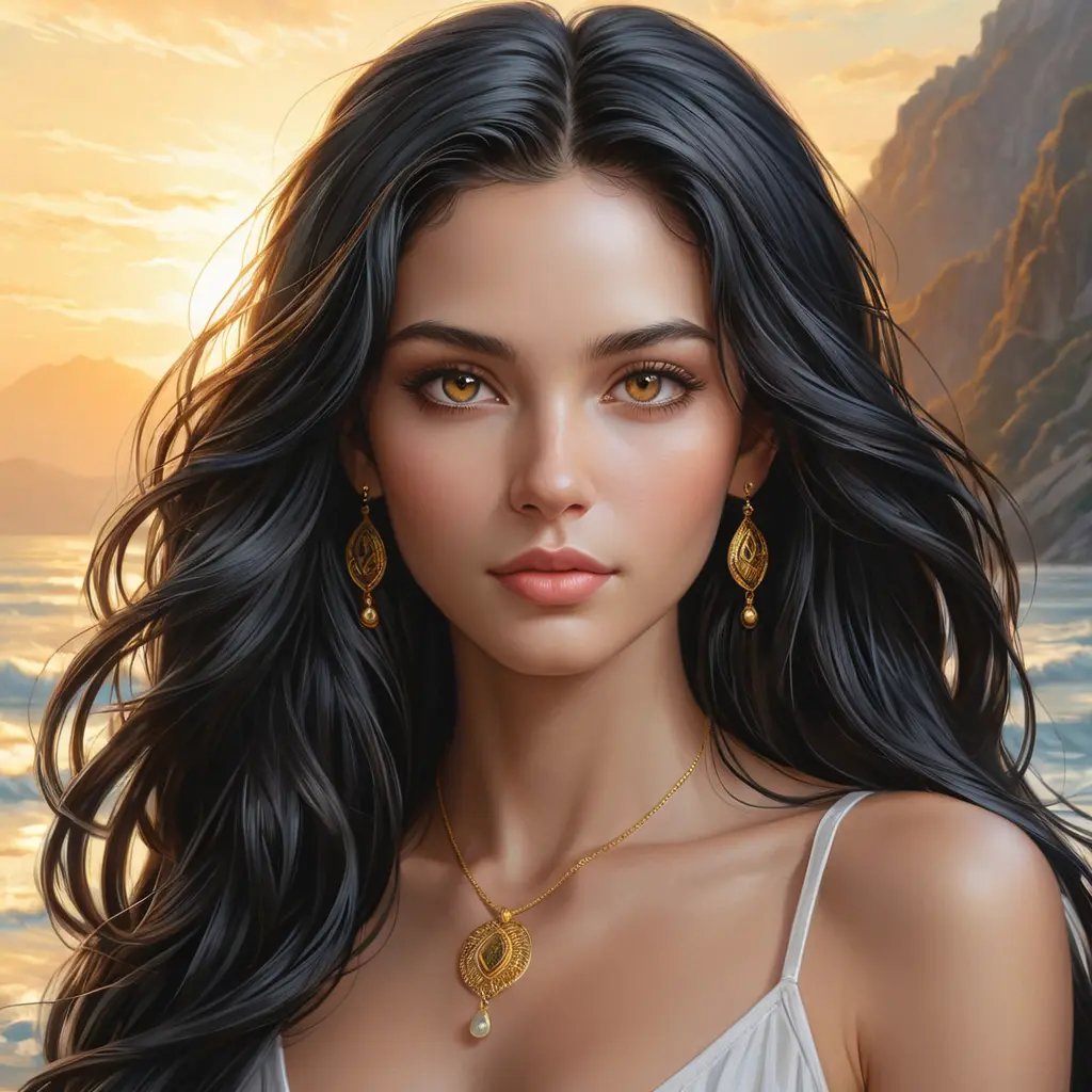 A divinely beautiful woman with long, black hair, piercing amber eyes, and a serene expression, radiating peace and tranquility, Highly Detailed, Half Body, Gorgeous, Stunning, Elegant by Stanley Artgerm Lau