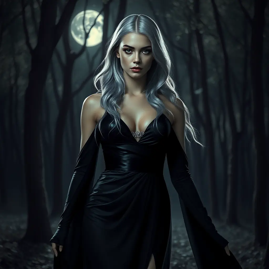 A mysterious woman with long silver hair, dressed in a sleek black gown, standing in a moonlit forest, shadows casting over her face, a mystical aura surrounding her, dramatic lighting, high contrast, Highly Detailed, Half Body, Gorgeous, Stunning, Elegant by Stanley Artgerm Lau