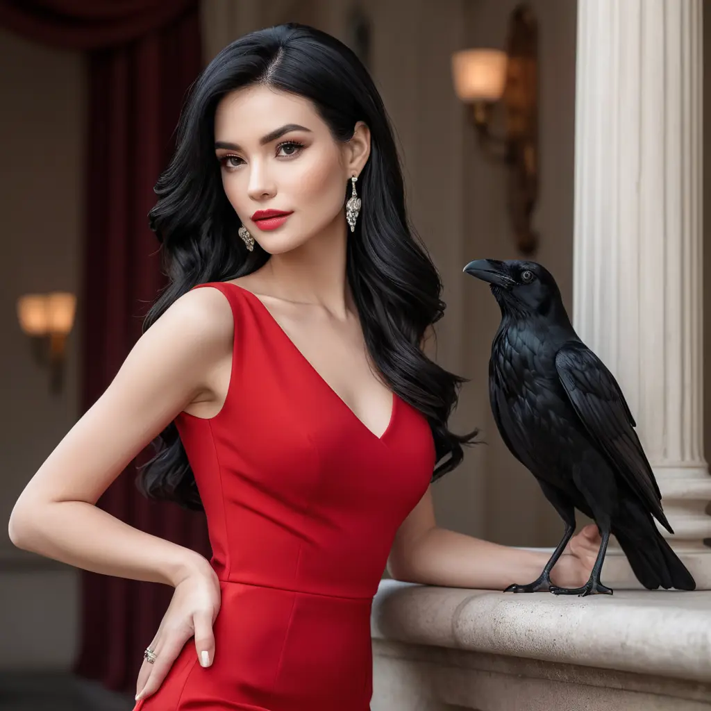 A gorgeous woman with porcelain skin and raven-black hair, wearing a fitted red dress and high heels, Highly Detailed, Half Body, Gorgeous, Stunning, Elegant