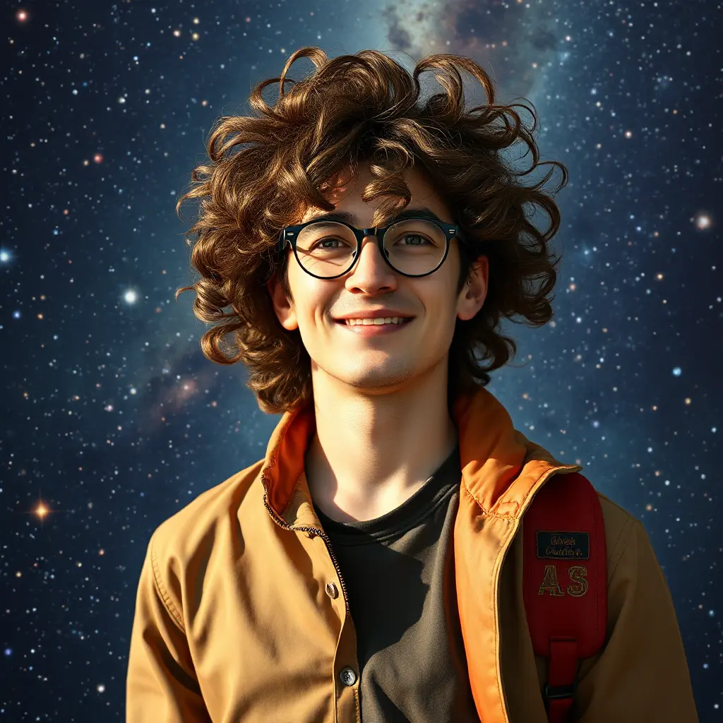 A brilliant and adventurous astrophysicist with an infectious enthusiasm and wild, curly brown hair, set against the breathtaking backdrop of a starry galaxy, Highly Detailed, Half Body, Gorgeous, Stunning, Elegant by Stanley Artgerm Lau