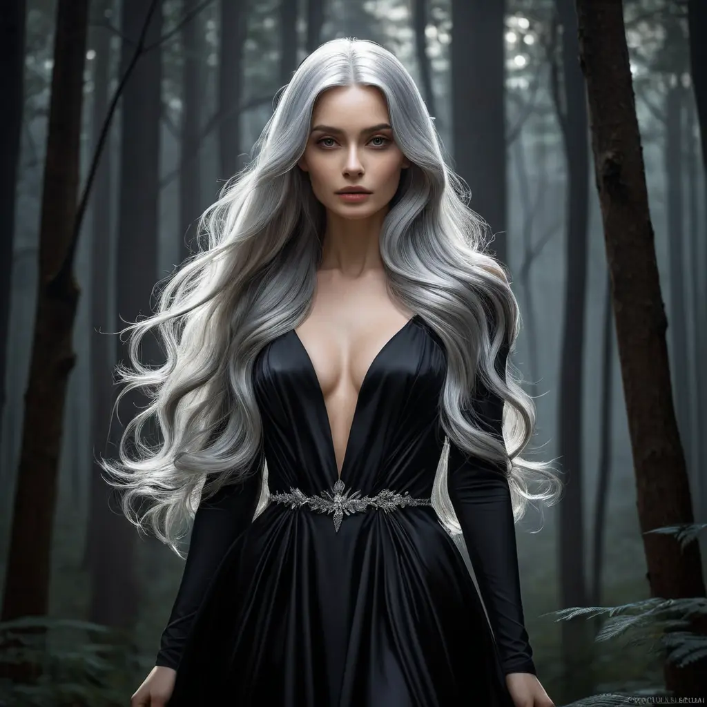 A mysterious woman with long silver hair, dressed in a sleek black gown, standing in a moonlit forest, shadows casting over her face, a mystical aura surrounding her, dramatic lighting, high contrast, Highly Detailed, Half Body, Gorgeous, Stunning, Elegant by Stanley Artgerm Lau