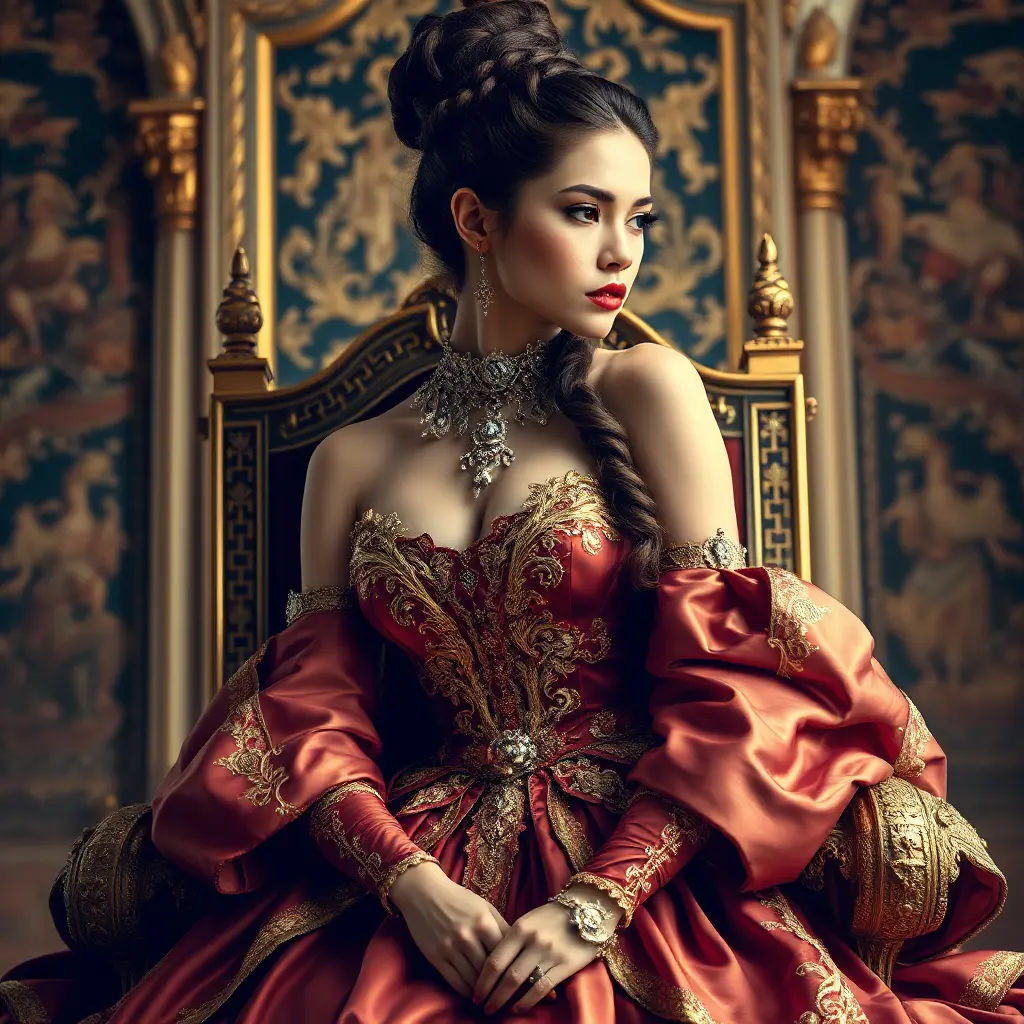 A regal woman with braided updo, wearing an elaborate gown fit for a queen, with gold filigree and rich, deep satin textures, in a grand throne room adorned with tapestries, Highly Detailed, Half Body, Gorgeous, Stunning, Elegant by Stanley Artgerm Lau