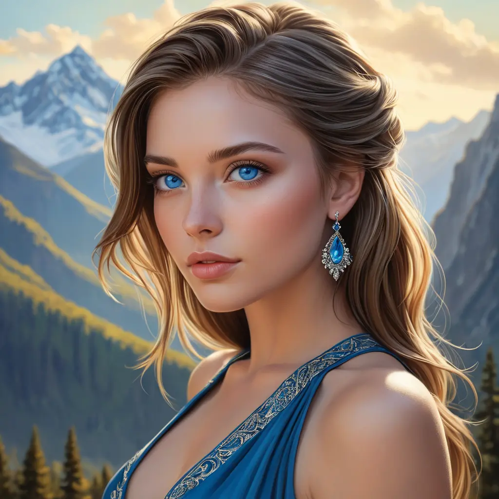 a stunning woman with piercing blue eyes, gazing out at a breathtaking mountain vista, Highly Detailed, Half Body, Gorgeous, Stunning, Elegant by Stanley Artgerm Lau