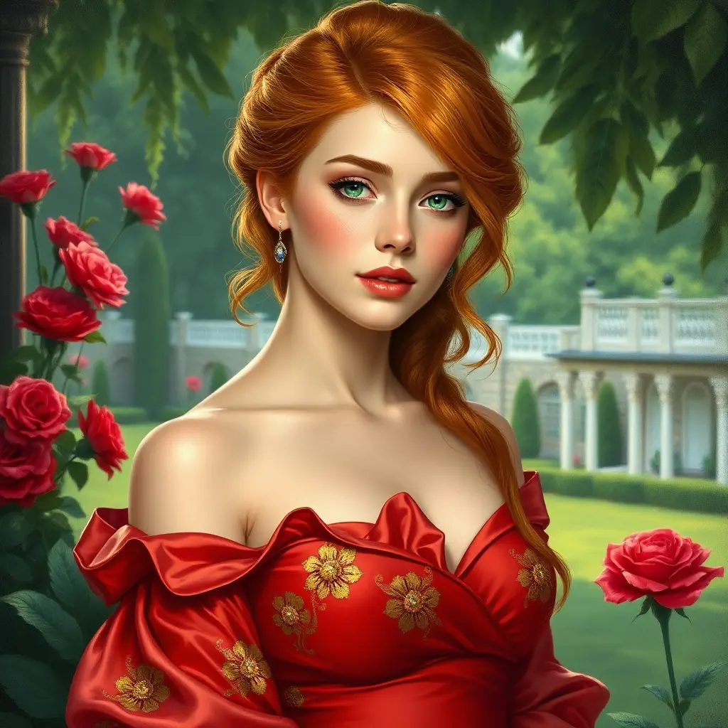 A vibrant Renaissance-style portrait of a woman with fiery red hair and emerald green eyes, wearing an elegant silk gown, set against a lush garden backdrop., Highly Detailed, Half Body, Gorgeous, Stunning, Elegant by Stanley Artgerm Lau