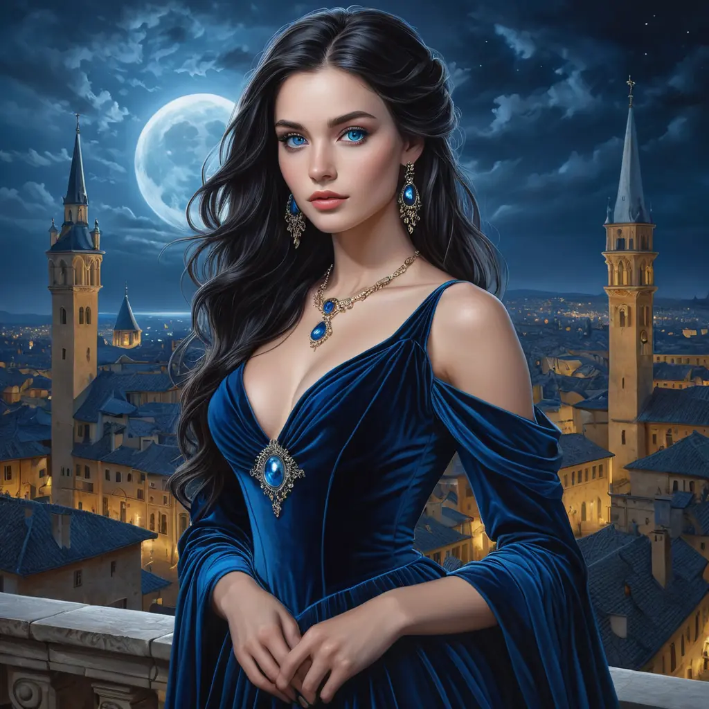 A mysterious woman with long raven hair, piercing blue eyes, and a form-fitting velvet dress, set against a backdrop of a moonlit Renaissance cityscape, Highly Detailed, Half Body, Gorgeous, Stunning, Elegant by Stanley Artgerm Lau