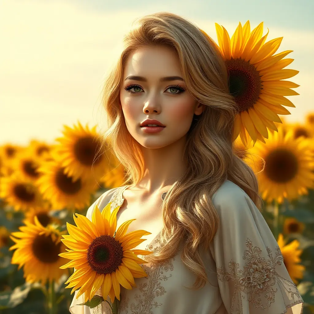 A luminous lady with a serene expression and flaxen hair, standing in a field of sunflowers under a clear sky, Highly Detailed, Half Body, Gorgeous, Stunning, Elegant by Stanley Artgerm Lau