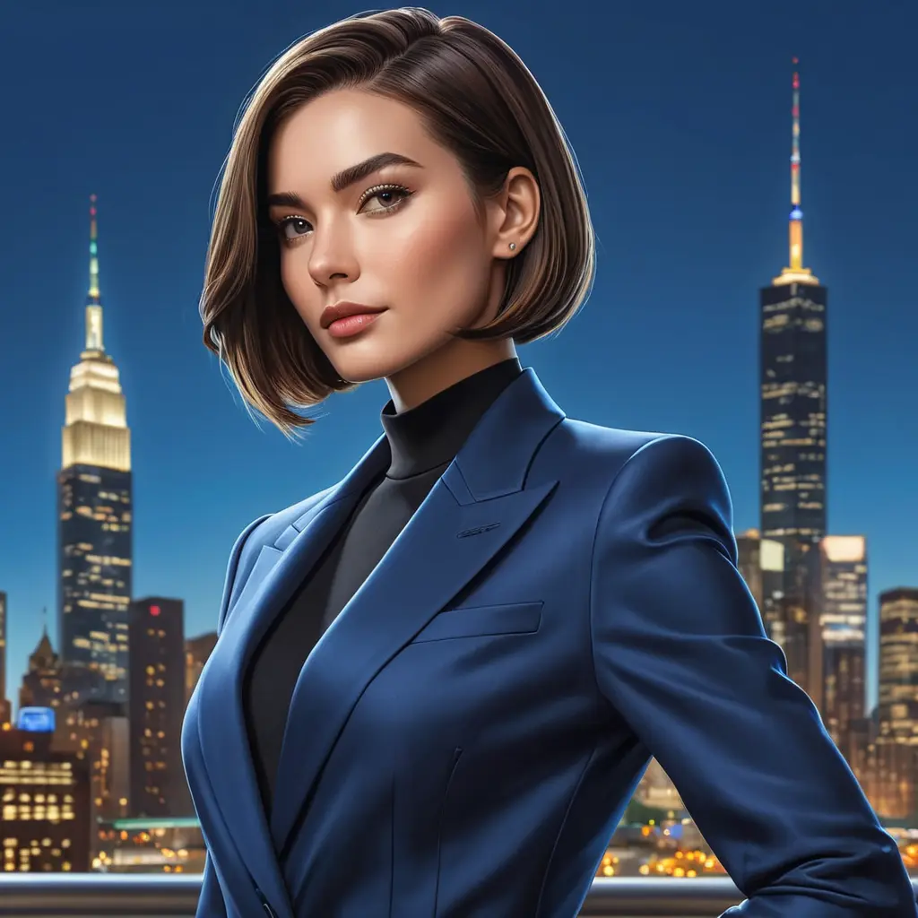 A confident woman with a sleek bob haircut, sharp features, and a tailored power suit, commanding attention in a modern metropolis skyline during the blue hour, Highly Detailed, Half Body, Gorgeous, Stunning, Elegant by Stanley Artgerm Lau