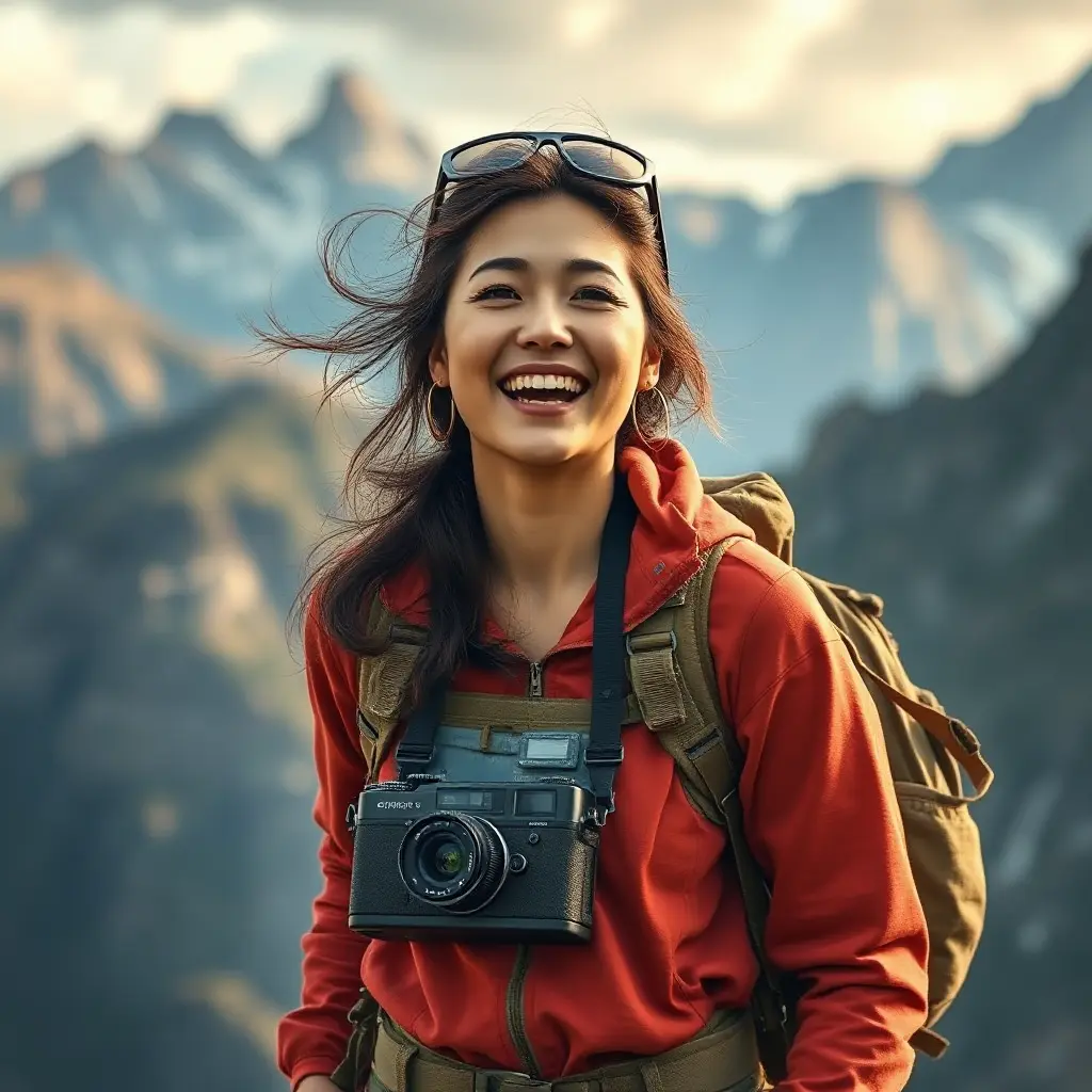 An adventurous explorer woman against a breathtaking mountain backdrop, wearing hiking gear, her joyful laughter echoing through the air, wind tousling her hair and a camera slung around her neck., Highly Detailed, Half Body, Gorgeous, Stunning, Elegant by Stanley Artgerm Lau