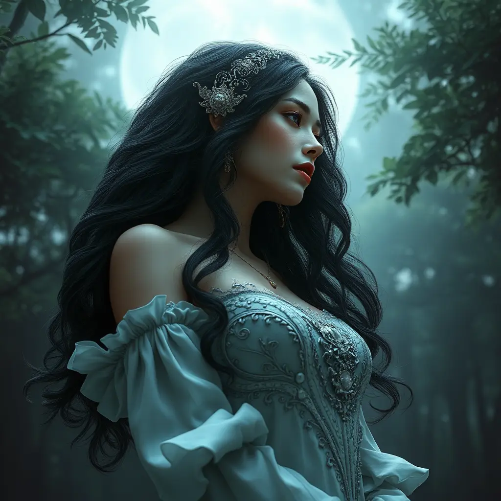 A serene moonlit beauty with porcelain skin and raven hair, lost in thought beneath a misty forest canopy., Highly Detailed, Half Body, Gorgeous, Stunning, Elegant by Stanley Artgerm Lau